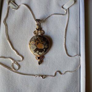 Artisan Made 3" Sterling Silver Jasper, Garnet, Aqua Marine Pendant 26" Chain